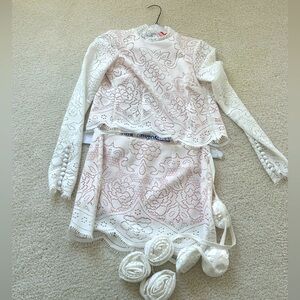 for love and lemons white lacke mini skirt and matching top